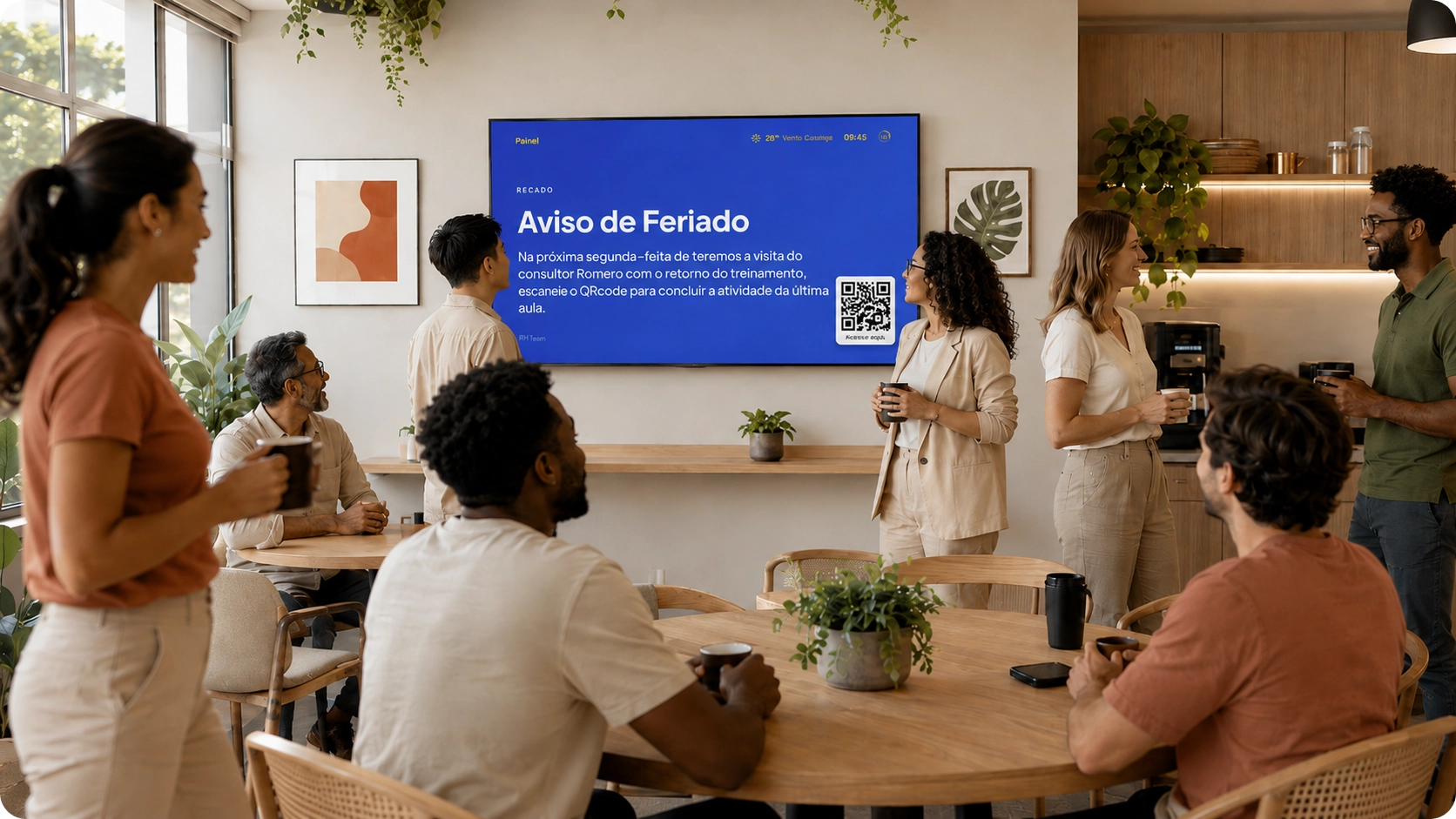 TV na parede exibindo um comunicado da empresa com QR Code no canto