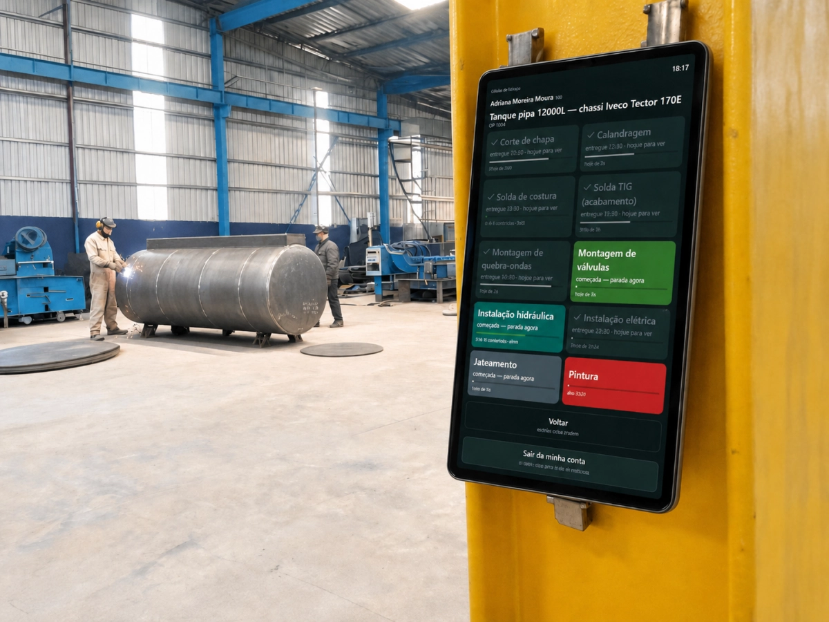 Terminal do galpão com a matrícula digitada e o painel de produção ao lado
