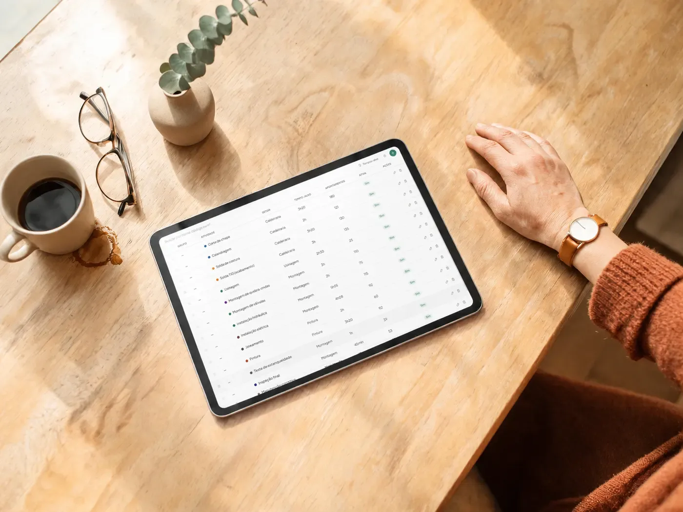 Cadastro de atividades no tablet, com o tempo-alvo e os apontamentos de cada uma