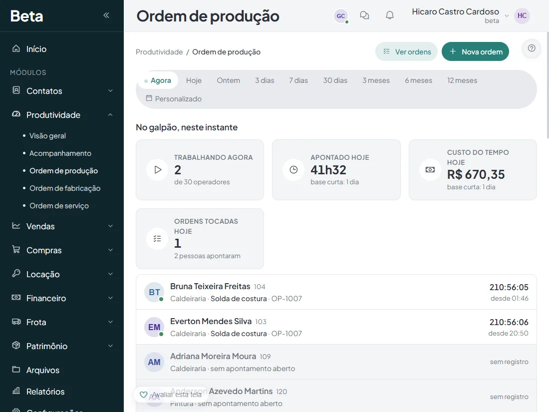 No galpao neste instante: quem esta apontando, em qual atividade e ha quanto tempo