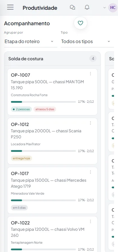 No celular: acompanhamento das ordens por etapa do roteiro