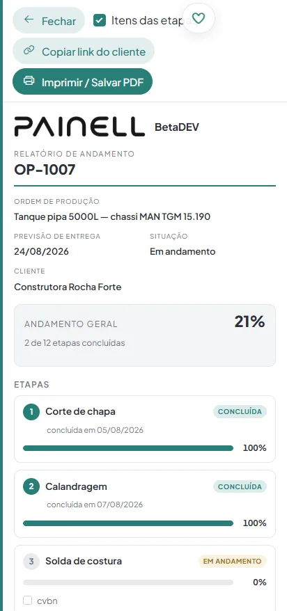 No celular: relatorio de andamento da ordem de producao